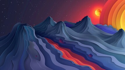 Wall Mural - A mountain range with a red sun in the sky
