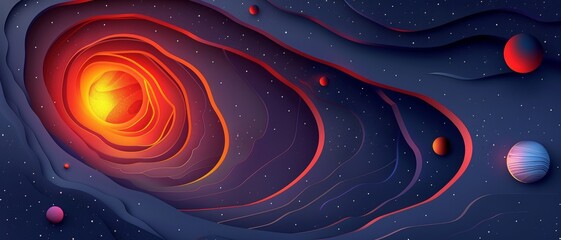 Wall Mural - A space scene with a large red sun in the center and a blue background