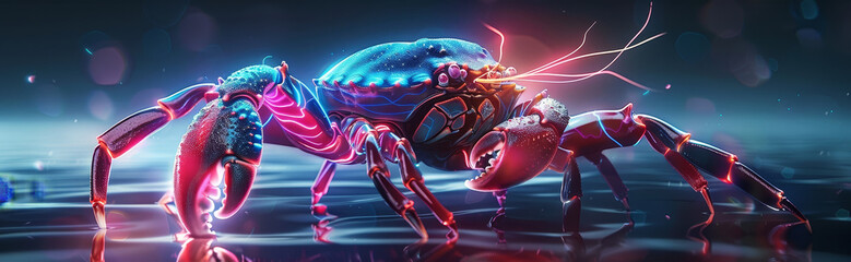 Wall Mural - Crab Evolving Into Robotic,Intelligent Creature Surrounded by Neon Lights and Digital Transformation - Sci-Fi,Fantasy,and Futuristic Concept Art