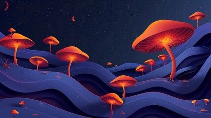 Wall Mural - A blue and orange mushroom field with a starry sky in the background