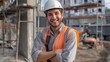© gn8 - Construction Worker Smiling, Safety First, Italian Man at Work Site, Building Progress, Industrial Development, Professional Labor