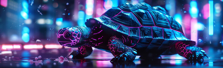 Wall Mural - Robotic Turtle Evolving in Neon Lights Digital Artwork - Futuristic,Surreal,and Technologically Advanced Creature