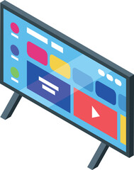 Poster - Modern isometric illustration of a smart television displaying a vibrant user interface with media icons