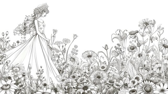Cartoon line drawing of a princess in a garden with various flowers, white background. Generative Ai