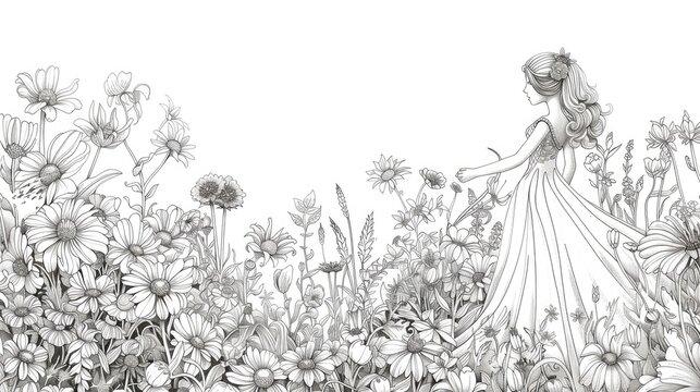 Cartoon line drawing of a princess in a garden with various flowers, white background. Generative Ai