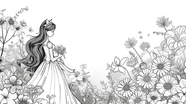 Cartoon line drawing of a princess in a garden with various flowers, white background. Generative Ai
