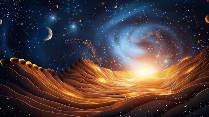 Wall Mural - A beautiful, colorful, and dynamic space scene with a bright sun rising over a sandy landscape. The sun is surrounded by a swirl of stars and planets, creating a sense of movement and energy