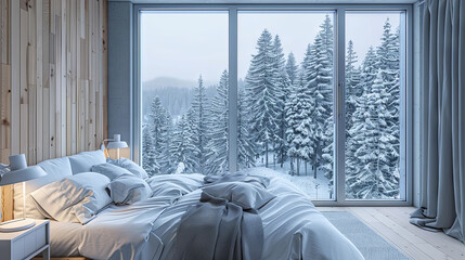 Wall Mural - Luxurious bedroom overlooking snowy pine forest and mountains