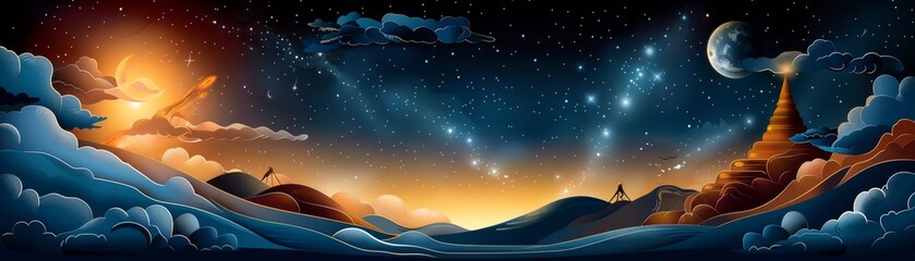 Wall Mural - A beautiful night sky with a bright sun and a moon