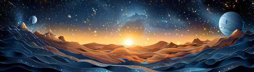 Wall Mural - A beautiful, starry night sky with a sun setting in the distance