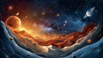Wall Mural - A colorful space scene with a large planet in the foreground