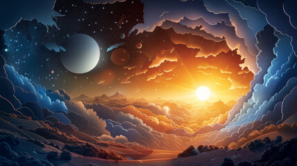 Wall Mural - A beautiful, colorful, and serene space scene with a large sun in the center
