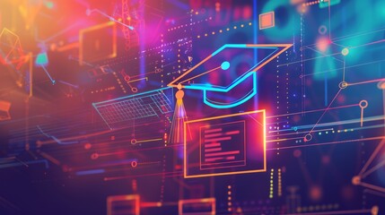 Wall Mural - Digital illustration of an online education platform with icons representing educational elements like graduation caps, computer screens and data visualizations on a blurred background. 