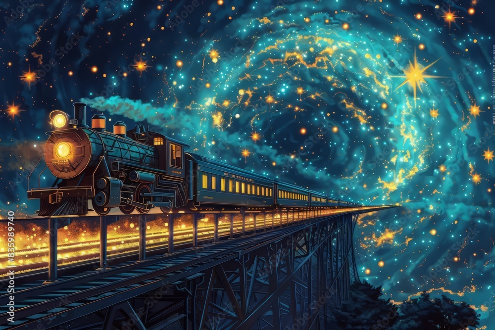 A vintage steam train travels through a starry night sky on a bridge ...