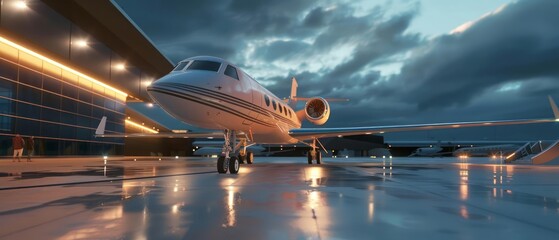 Closeup of a business private jet parked at the terminal, representing luxury tourism and business travel transportation, 3D rendering
