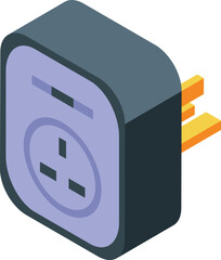 Poster - Isometric power adapter icon with electrical plug and 3d illustration for electricity supply and charging equipment, isolated vector accessory for modern technology and convenient travel use