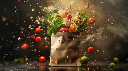 D render of a paper bag bursting with colorful, organic ingredients