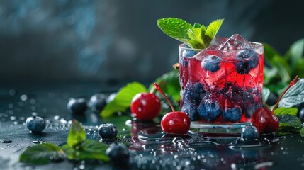 Wall Mural - alcohol red liqueur cocktail with ice and cherry ,Alcoholic cocktail with blueberries and mint,  Space for text Alcoholic cocktail with blueberries and mint,Space for text