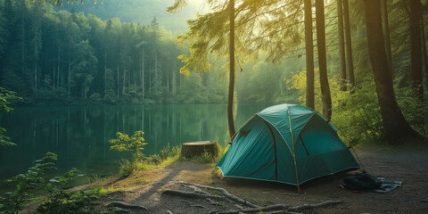 Wall Mural - Morning sunlight filters through a forest campsite, perfect for a summer adventure.