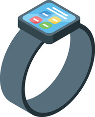 Poster - Modern isometric smartwatch wearable technology illustration with colorful gadget app icons and digital display on a wristwatch. Showcasing the latest mobile device accessory design in vector format