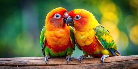 Close-up of two colorful love birds cuddling on wooden surface, romantic, multicolor, love birds, cuddling, wood, macro, close-up, colorful, feathers, affectionate, nature, wildlife, vibrant