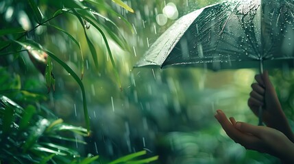 Close-up of woman's hand holding umbrella amidst rainfall in green nature.