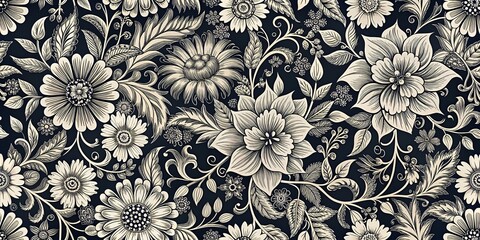 Monochrome floral pattern with intricate details, black, white, floral, design, elegant, vintage, pattern, nature, botanical, abstract, background, artistic, delicate, petals, monochrome