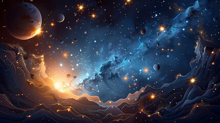 Wall Mural - A space scene with a bright orange sun and a blue sky