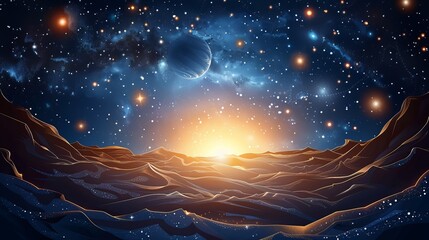 Wall Mural - A space scene with a sun rising over a rocky planet