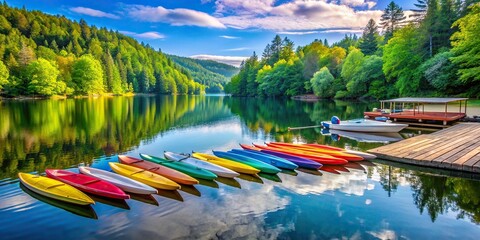 Tranquil lake at summer camp with colorful kayaks and paddleboards, lake, water activities, summer camp, kayaks, paddleboards, children, fun, outdoors, recreation, leisure, relaxation