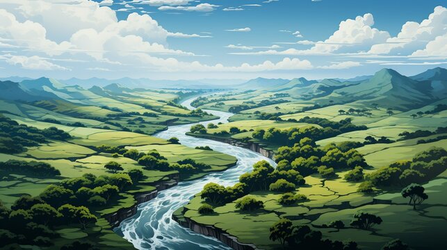 An abstract aerial view of winding rivers cutting through lush green forests, resembling intricate veins on the Earth's surface. Painting Illustration style, Minimal and Simple,