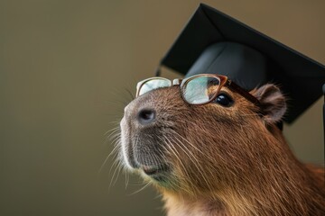 Wall Mural - This captivating image of a capybara donning a graduation cap represents the concept of education, achievement, and success. The capybara's intelligent demeanor, with glasses adding to the effect, is 