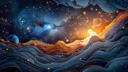 Wall Mural - A colorful space scene with a sun in the sky