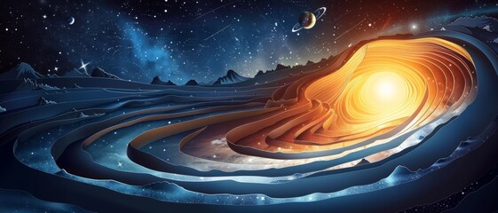 Wall Mural - A space scene with a large orange object in the center