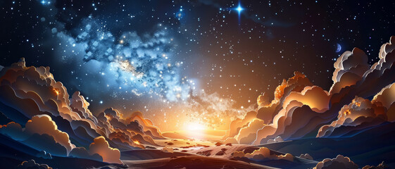Wall Mural - A beautiful night sky with a large, glowing sun in the middle