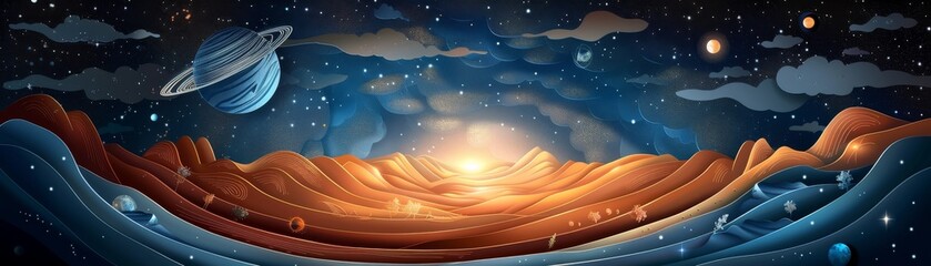 Wall Mural - A colorful space scene with a large planet and a sun