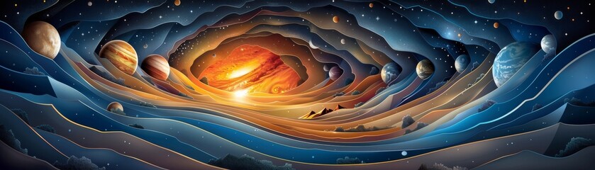 Wall Mural - A colorful painting of a galaxy with a man in the middle of it