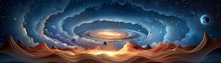 Wall Mural - A space scene with a spiral galaxy in the center and a planet in the background
