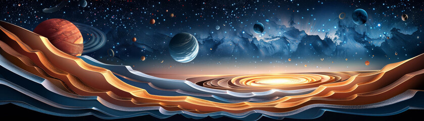 Wall Mural - a colorful space scene with planets and a spiral galaxy