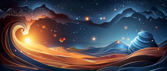 Wall Mural - A colorful, starry sky with a large, round object in the foreground