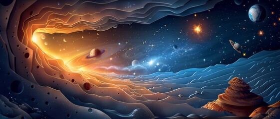 Wall Mural - A colorful space scene with a blue and orange background