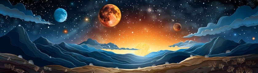Wall Mural - A beautiful landscape of a planet with a sun in the sky