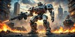 © artsakon - Futuristic battle robot in a warzone , Mech, technology, machine, futuristic, battle, robot, war, weapon, sci-fi, armor, mechanical, future, combat, artificial intelligence, soldier