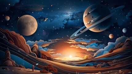 Wall Mural - A painting of a space scene with a sun setting in the background