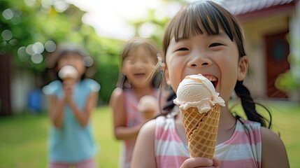 Kids enjoying ice cream cones while playing in a backyard.