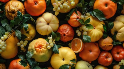 Wall Mural - Arrangement of quince and orange in an artistic design Overhead view Culinary idea Close up view