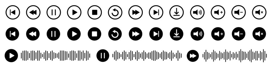 Wall Mural - Player button icon. Vector play, rewind, pause, stop buttons. Audio wave icon. Equalizer template. Sound waves for voice message.