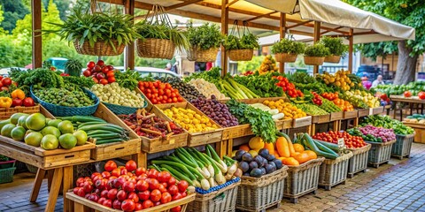 Organic produce stand at outdoor market with fresh fruits and vegetables , sustainable, local agriculture, healthy eating, farm to table, natural, eco-friendly, marketplace