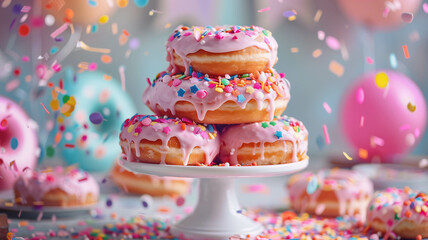 Wall Mural - A delightful three-tiered stack of pink frosted donuts with colorful sprinkles and festive decor, radiating joy and celebration. Ai generated