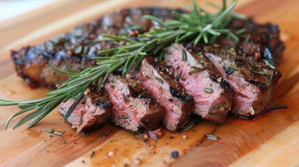 Wall Mural - Perfectly grilled steak slices showing a juicy, rare inside, with rosemary sprigs on top.